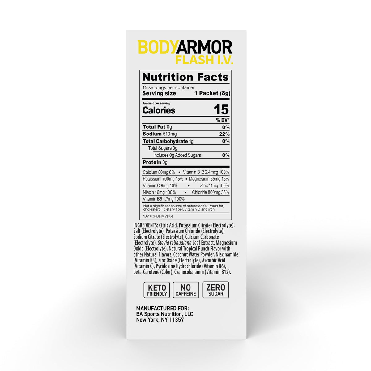 BodyArmor Flash I.V. ready-to-stir packet delivers zero sugar hydration on the go.