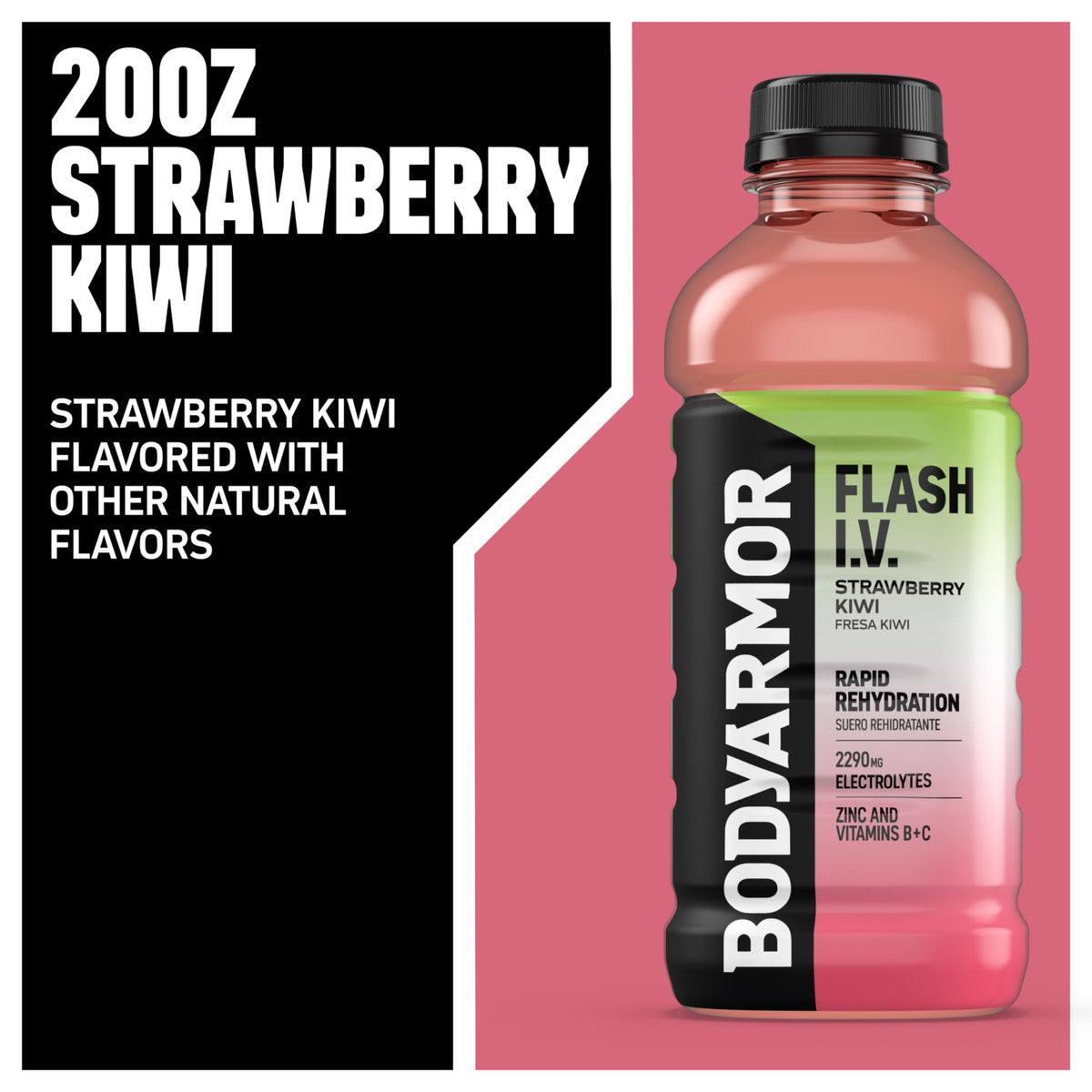 BODYARMOR Flash IV Strawberry Kiwi bottle beside glass highlights refreshing hydration after workouts.