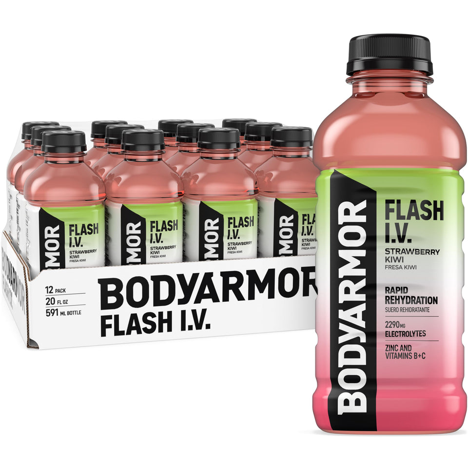 BODYARMOR Flash IV Strawberry Kiwi bottle shows hydration with immune-supporting nutrients.
