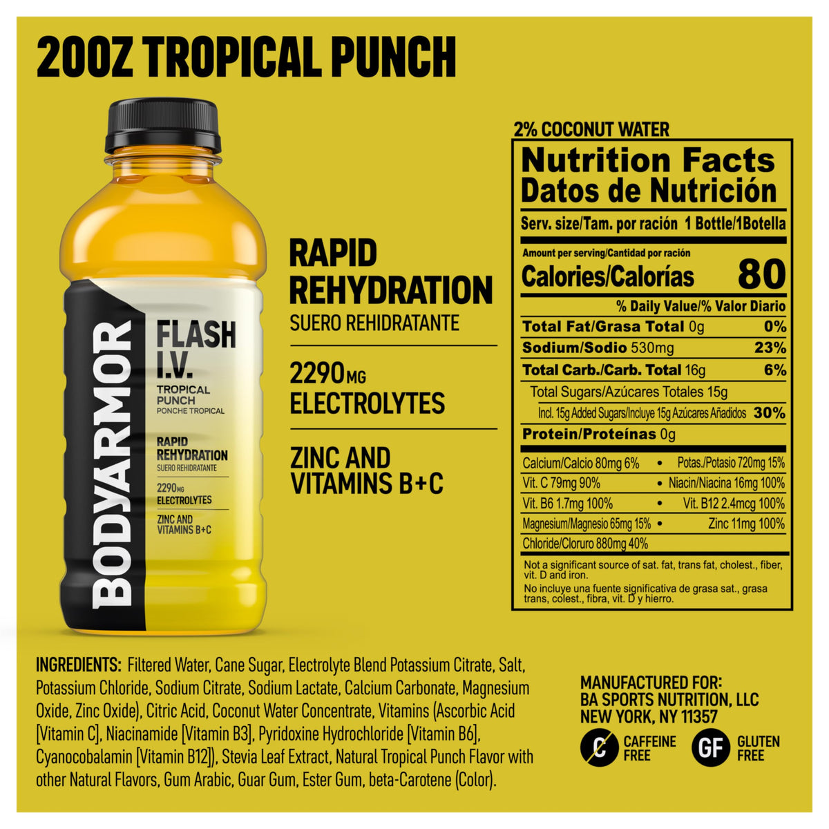 BodyArmor Flash IV Tropical Punch bottle back showing electrolytes for post-activity hydration