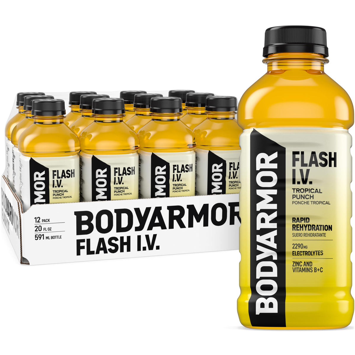 BodyArmor Flash IV Tropical Punch bottle front for rapid hydration after workouts