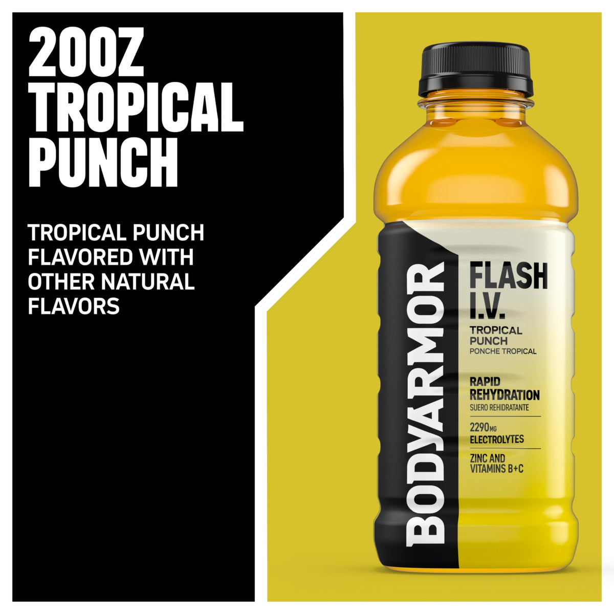 BodyArmor Flash IV Tropical Punch bottle side illustrates easy grab-and-go hydration