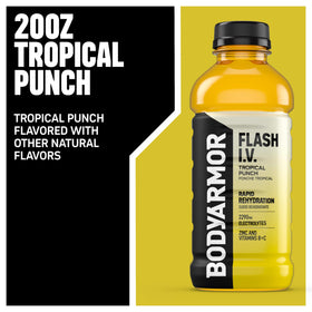 BodyArmor Flash IV Tropical Punch bottle side illustrates easy grab-and-go hydration