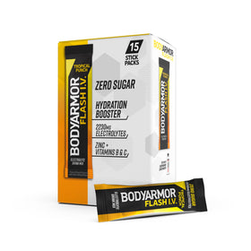 BodyArmor Flash I.V. Tropical Punch packet ready to mix for on-the-go hydration.