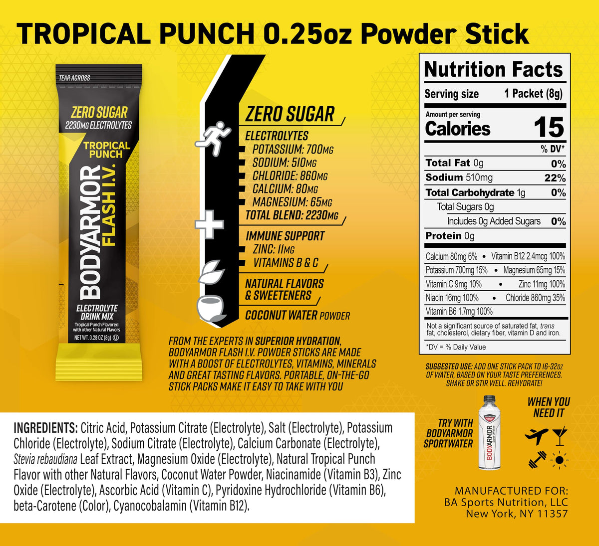 BODYARMOR FLASH I.V. tropical punch stick adds fast hydration after activity.