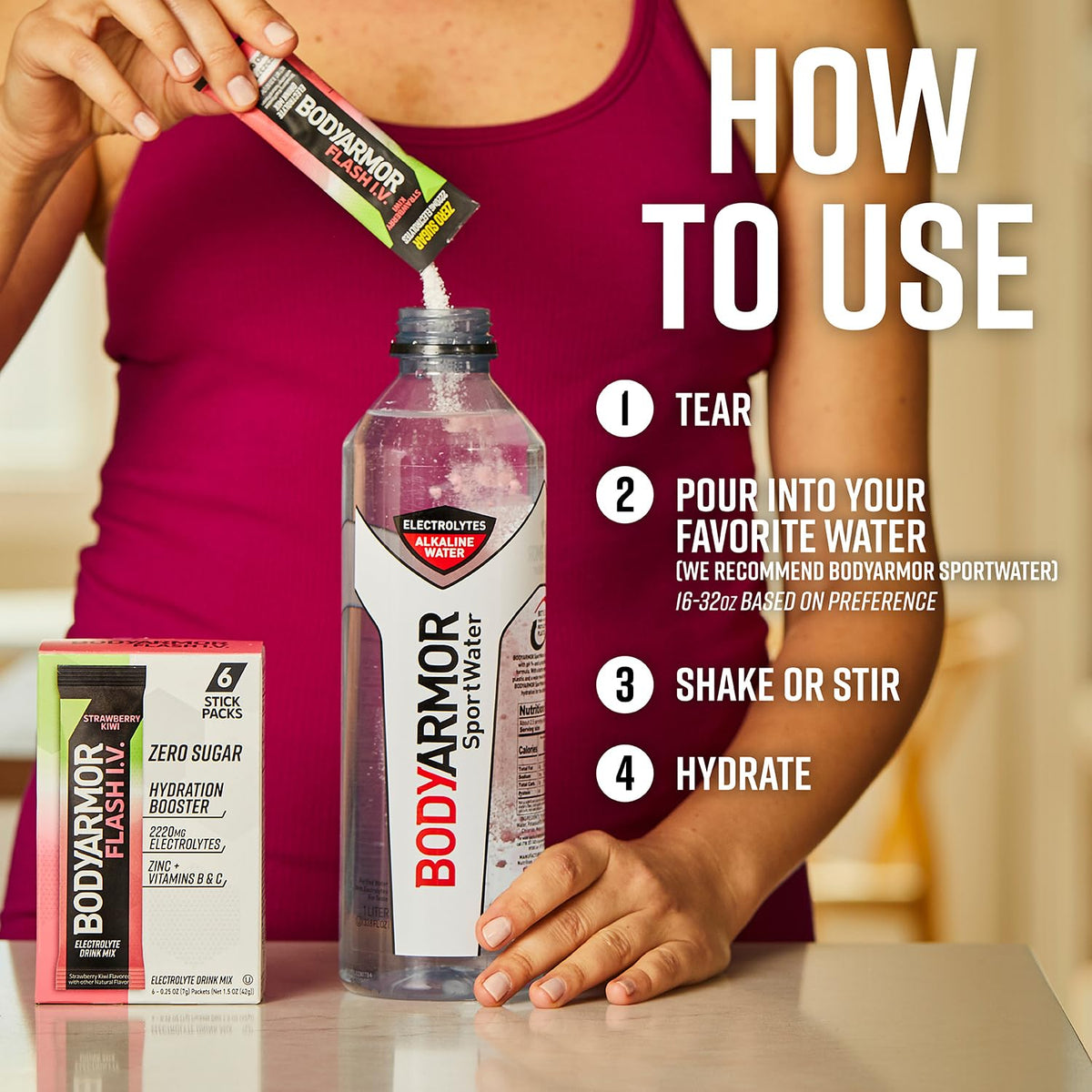 BODYARMOR FLASH I.V. zero-sugar formula supports hydration without added sugars.