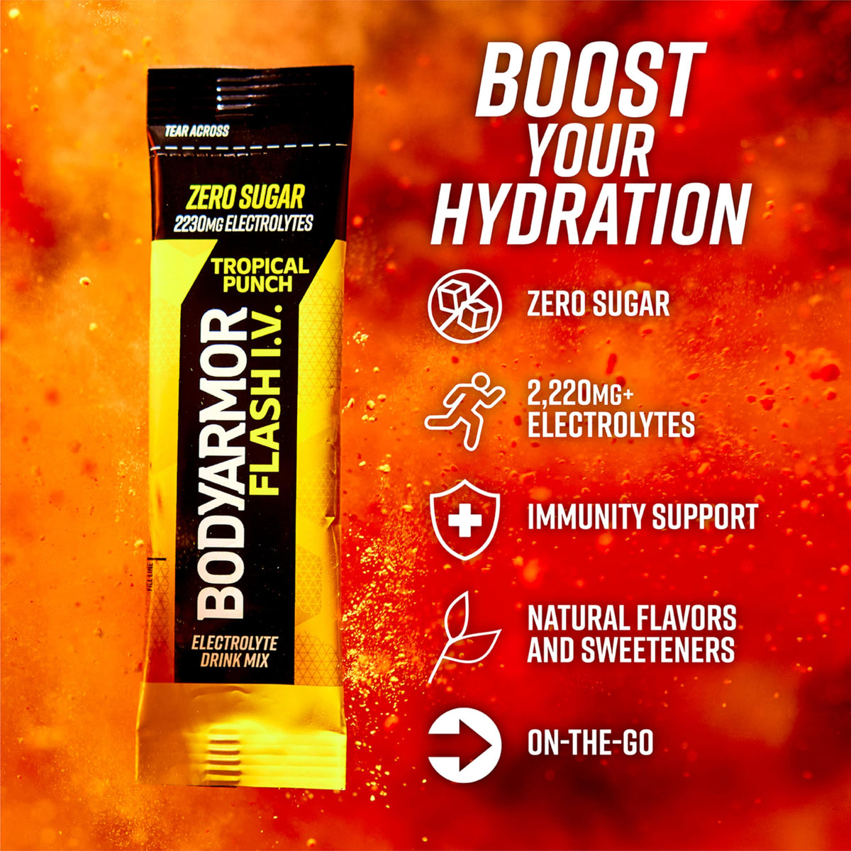 BodyArmor Flash I.V. zero sugar packet ideal for low-calorie hydration.