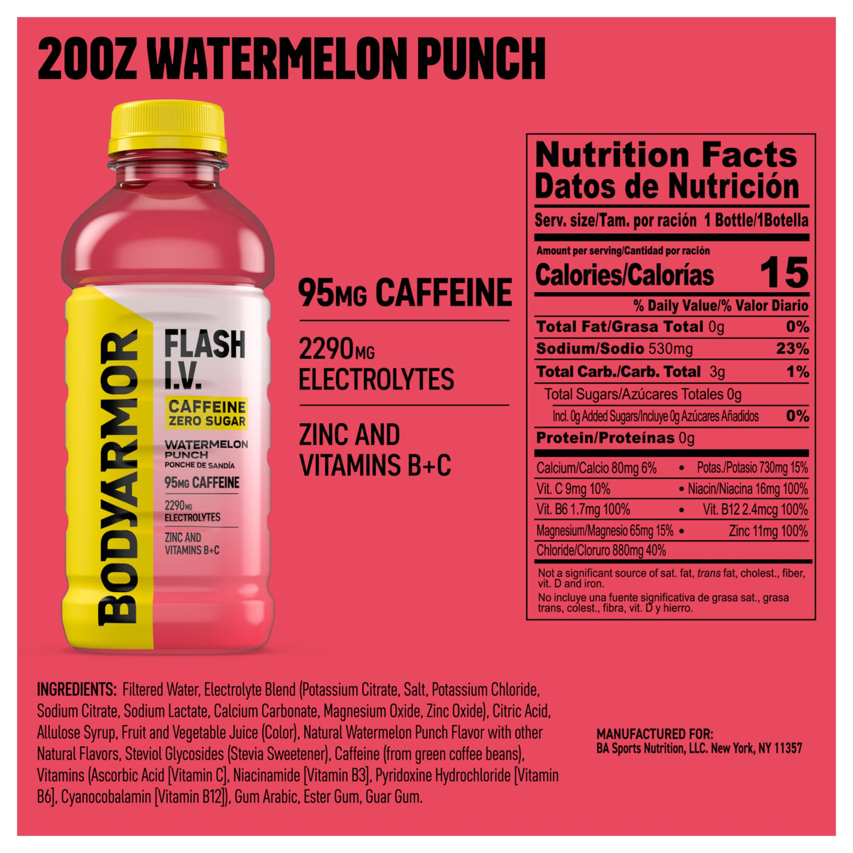 BODYARMOR Flash IV Zero Sugar Watermelon Punch bottle side highlights caffeine boost