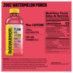 BODYARMOR Flash IV Zero Sugar Watermelon Punch bottle side highlights caffeine boost