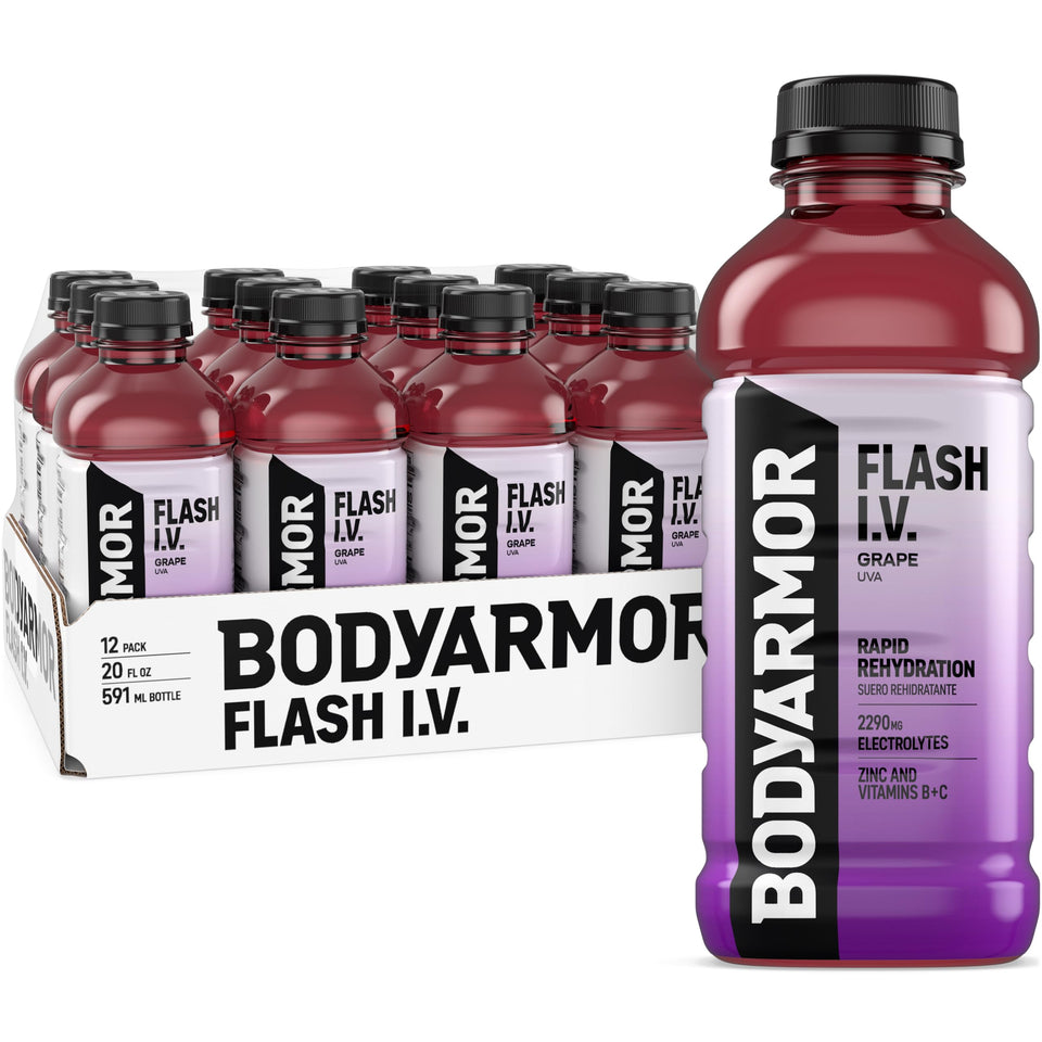 BODYARMOR Flash I.V. grape bottle front view for rapid hydration on the go.