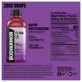 BODYARMOR Flash I.V. grape bottle side view highlighting 12-pack convenience.