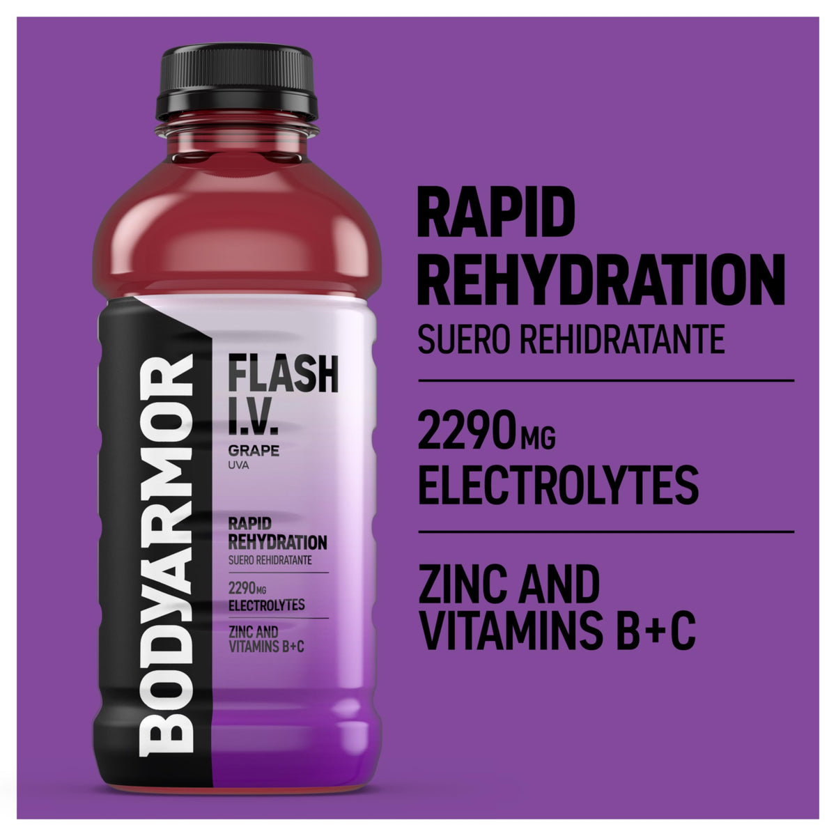 BODYARMOR Flash I.V. grape label close-up notes no artificial sweeteners.