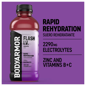 BODYARMOR Flash I.V. grape label close-up notes no artificial sweeteners.
