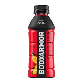 Back label of BodyArmor Fruit Punch bottle showing ingredients and vitamins.