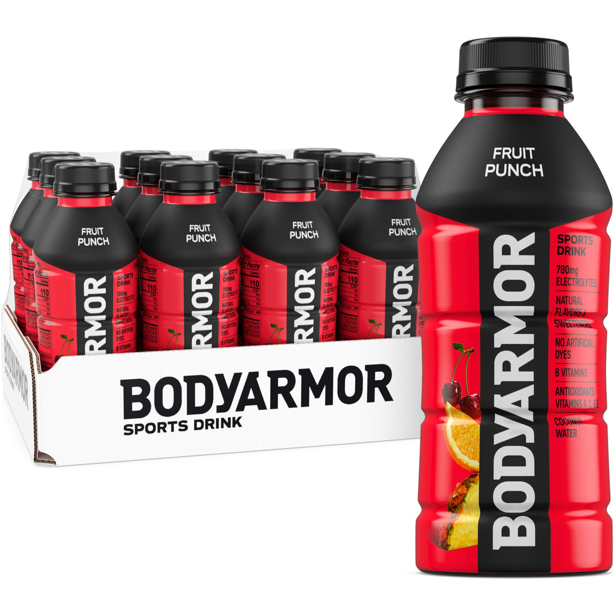 BodyArmor Fruit Punch bottle front label highlights natural flavors and electrolytes for hydration.
