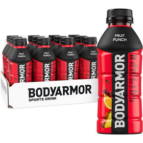 BodyArmor Fruit Punch bottle front label highlights natural flavors and electrolytes for hydration.