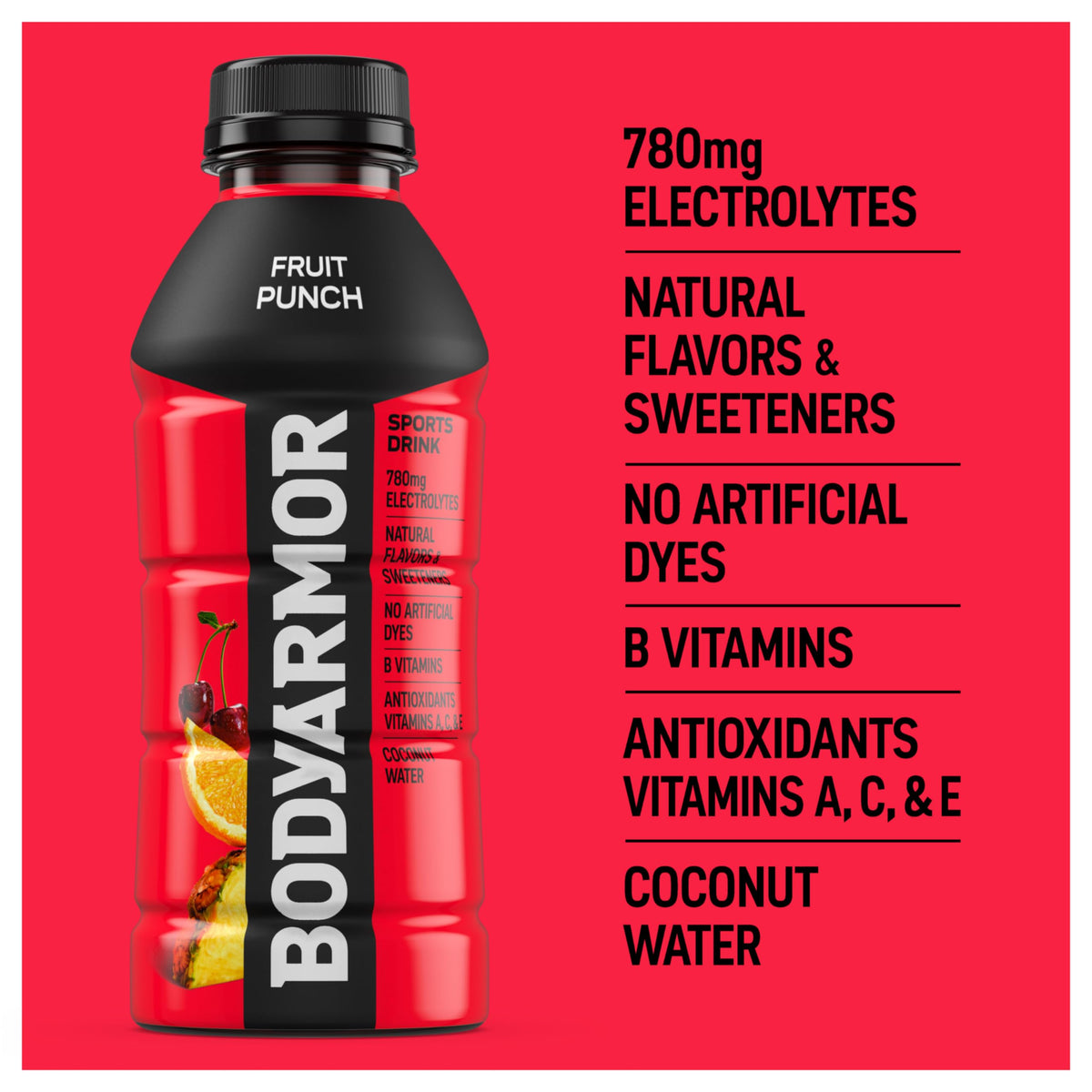 Person holds BodyArmor Fruit Punch bottle for on-the-go hydration after workouts.