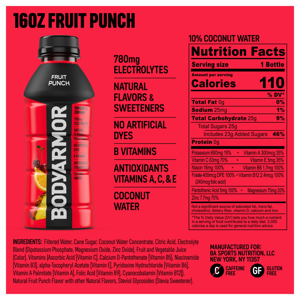 Close-up of BodyArmor Fruit Punch with coconut water droplets indicating natural hydration.