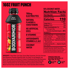 Close-up of BodyArmor Fruit Punch with coconut water droplets indicating natural hydration.