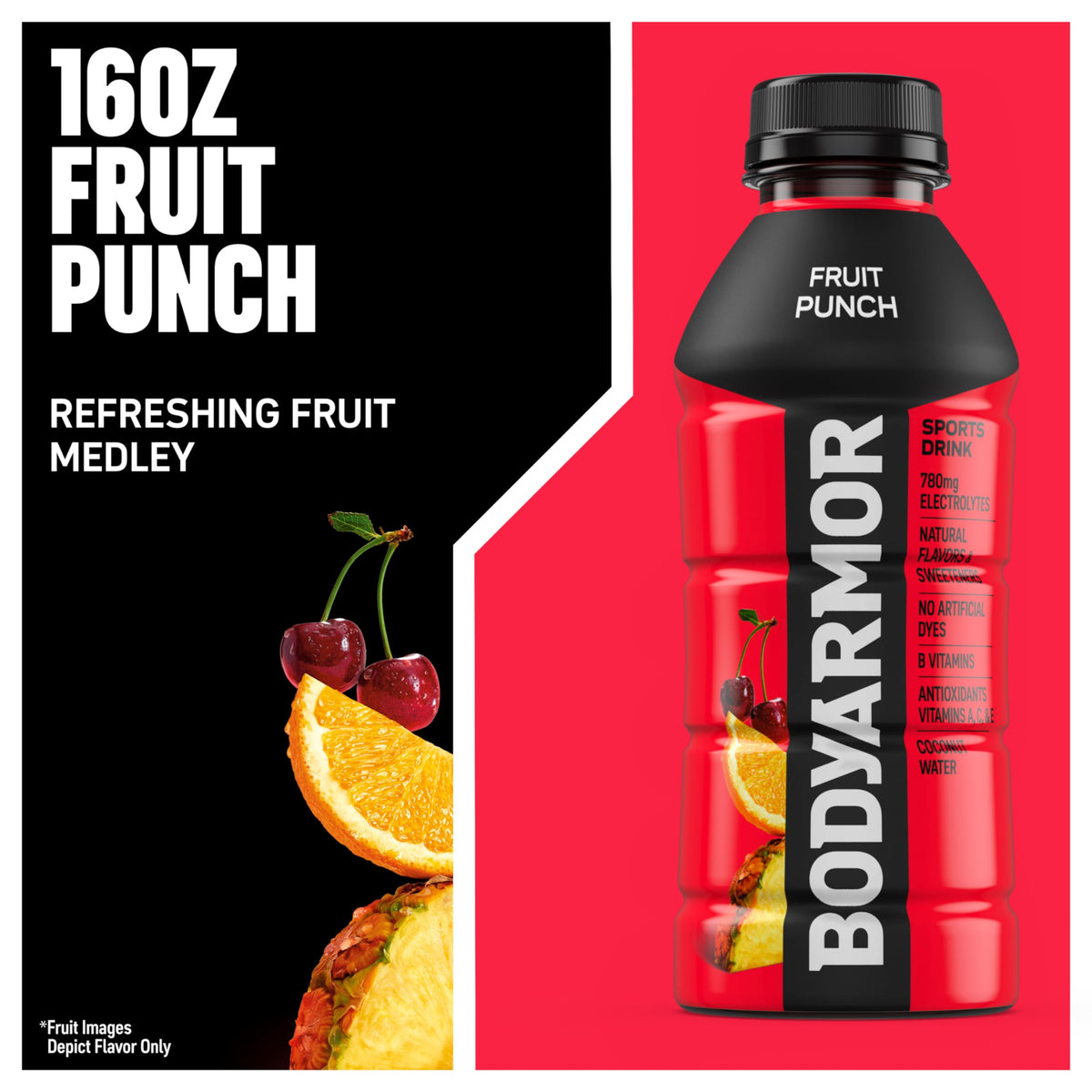 Glass of BodyArmor Fruit Punch with a splash signaling post-workout refreshment.