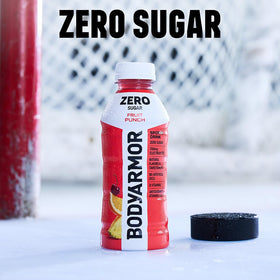 BODYARMOR Zero Sugar Fruit Punch over ice suggests refreshing hydration after workouts.
