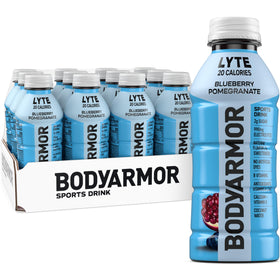 BODYARMOR Lyte Blueberry Pomegranate bottle front highlighting natural flavor and electrolytes for hydration.