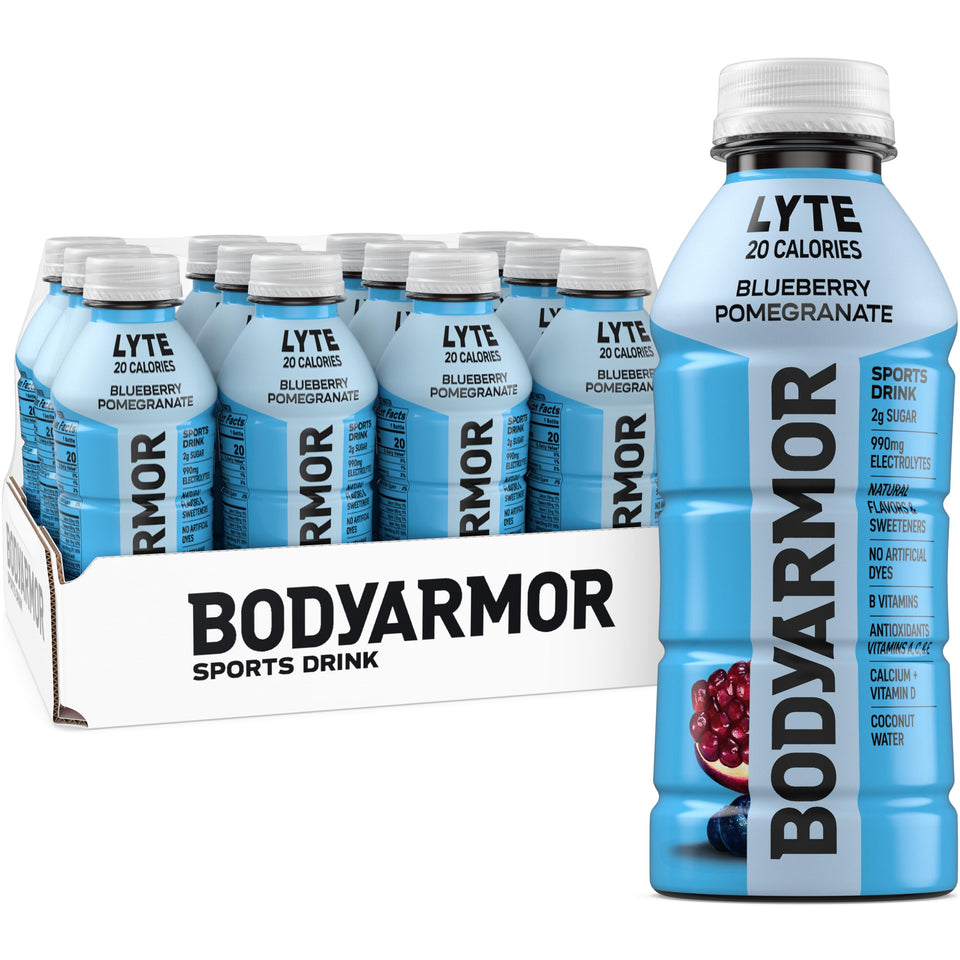 BODYARMOR Lyte Blueberry Pomegranate bottle front highlighting natural flavor and electrolytes for hydration.