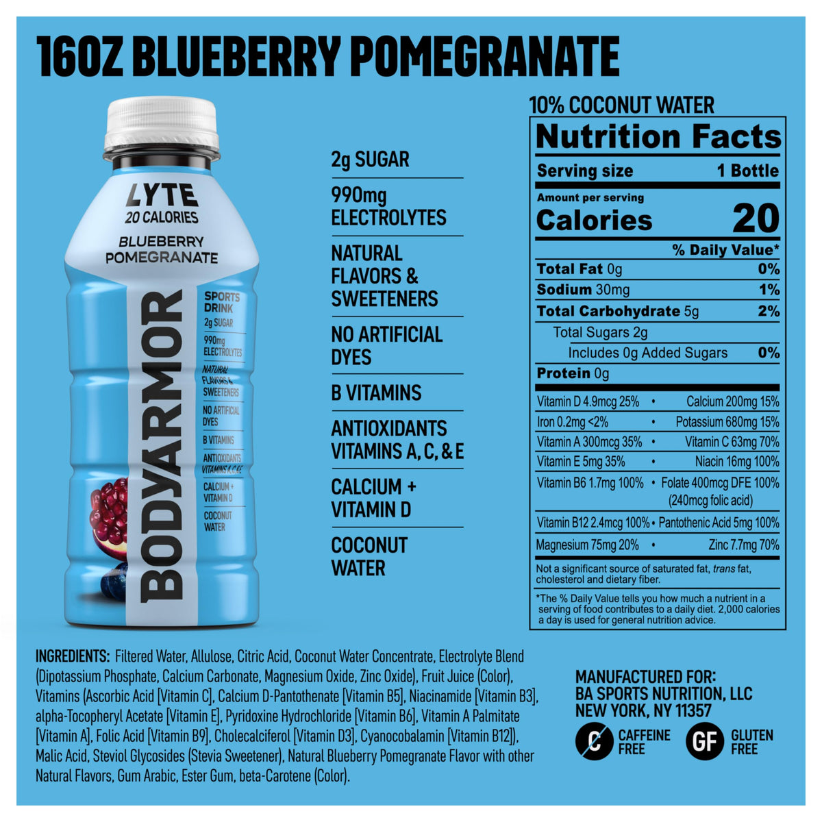 BODYARMOR Lyte Blueberry Pomegranate bottle pour showing refreshing color and electrolyte replenishment.