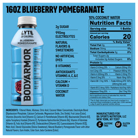 BODYARMOR Lyte Blueberry Pomegranate bottle pour showing refreshing color and electrolyte replenishment.