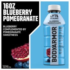 BODYARMOR Lyte Blueberry Pomegranate label closeup displaying natural flavors and vitamins.