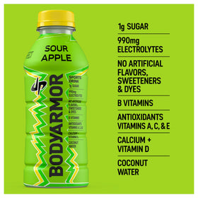 Close-up of BODYARMOR LYTE Sour Apple label highlighting natural flavor