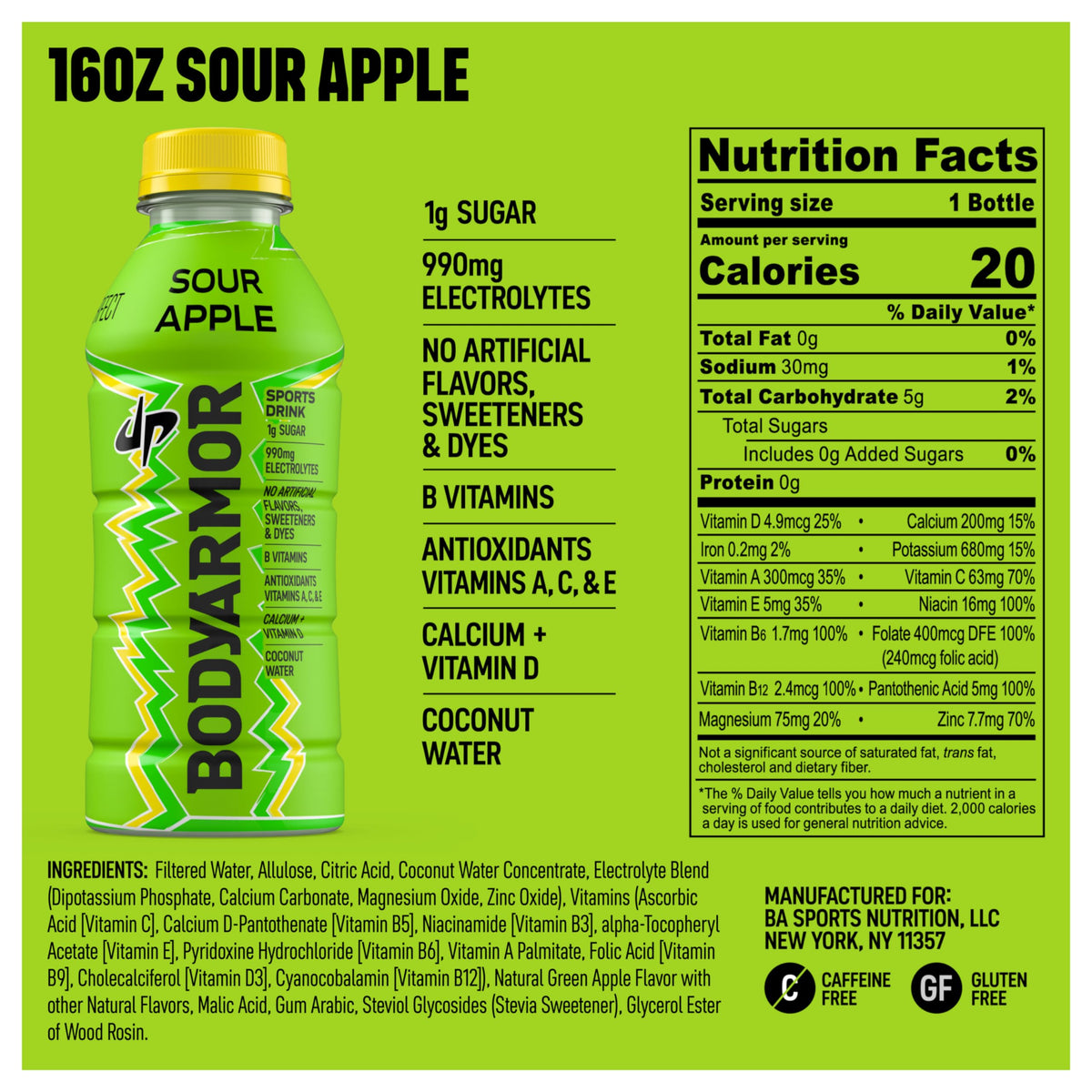 BODYARMOR LYTE Sour Apple pack of 12 bottles for on the go hydration