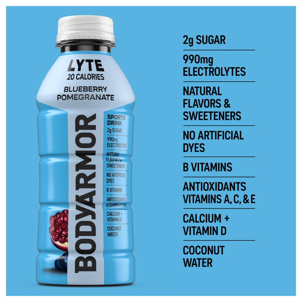 BODYARMOR Lyte Low Calorie badge on bottle demonstrating calorie-conscious hydration.