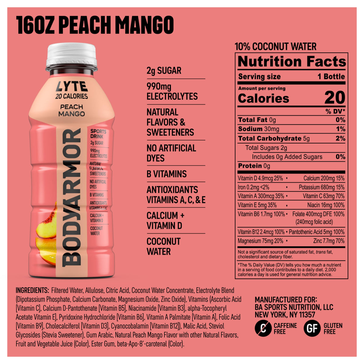 Close-up of BODYARMOR Lyte Peach Mango label highlighting natural flavor