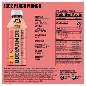 Close-up of BODYARMOR Lyte Peach Mango label highlighting natural flavor