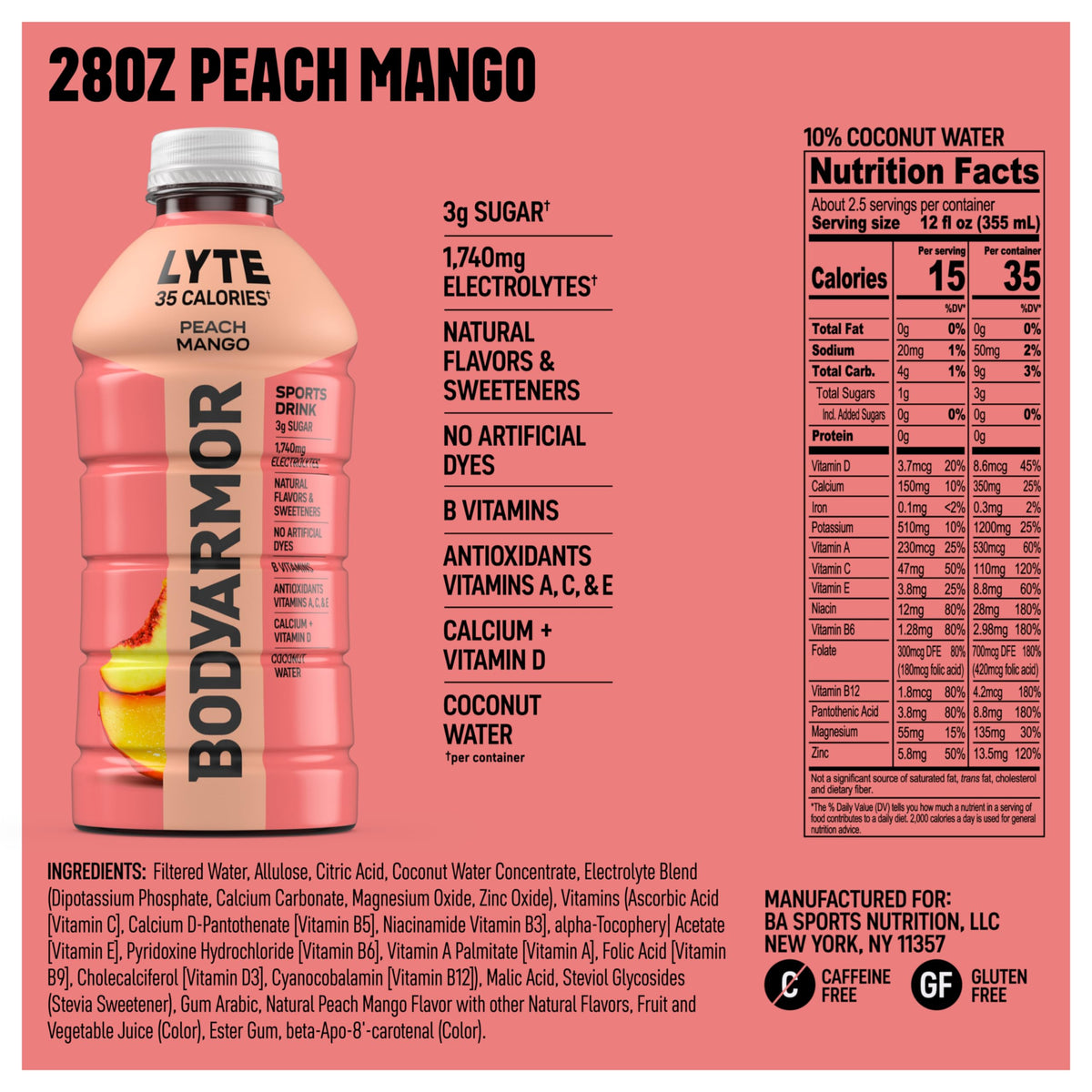 BODYARMOR Lyte Peach Mango pour shows ready-to-drink convenience for active days.