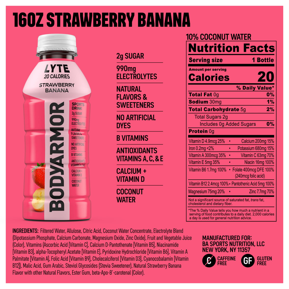 BODYARMOR Lyte strawberry banana pour showing quick hydration after training.