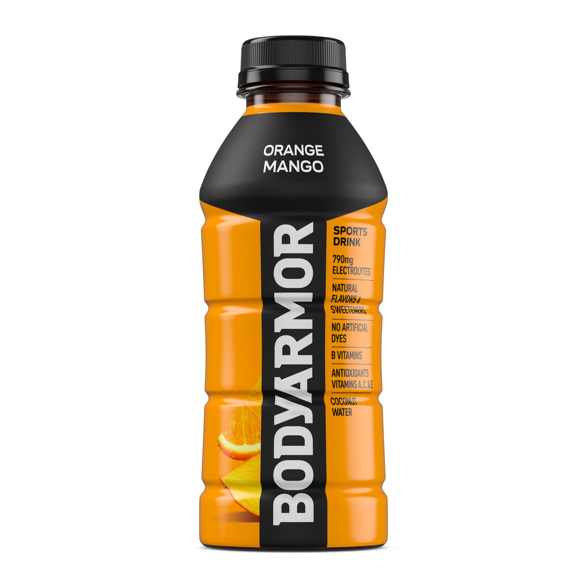 BodyArmor Orange Mango bottle on ice for refreshing post-workout hydration.