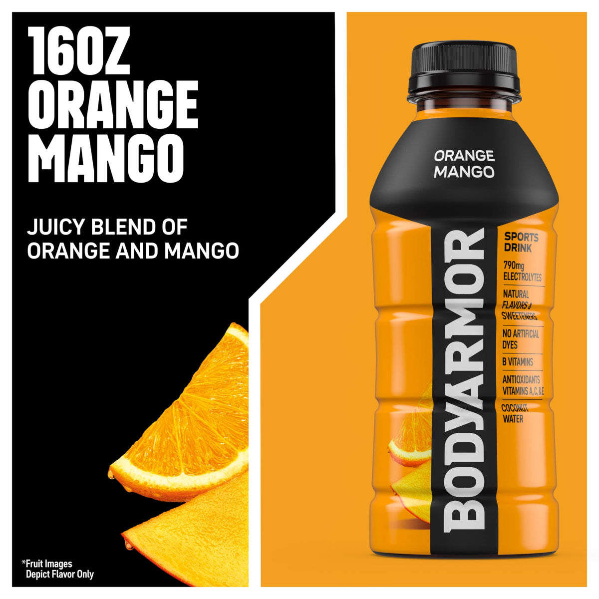 Glass with BodyArmor Orange Mango showing vibrant color and freshness.