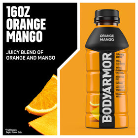 Glass with BodyArmor Orange Mango showing vibrant color and freshness.