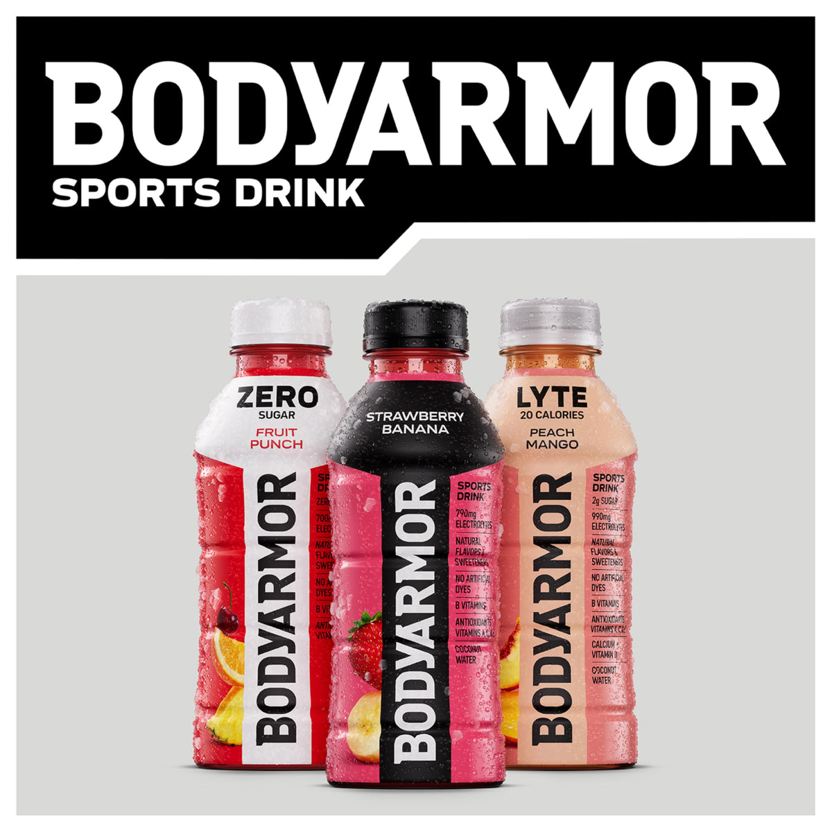 Back nutrition panel of BodyArmor Orange Mango highlights electrolytes.