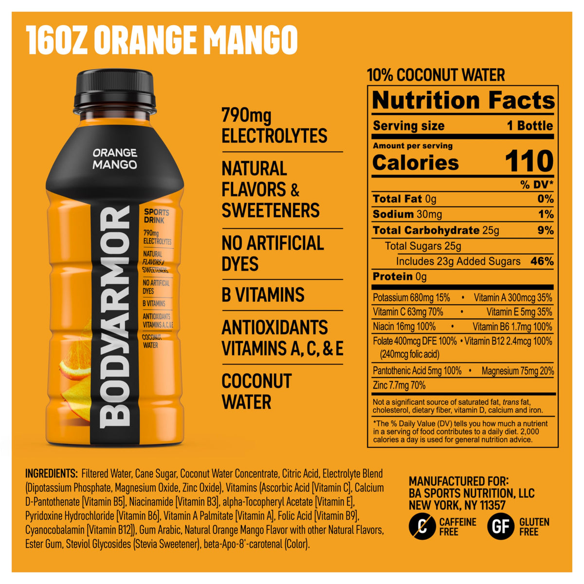BodyArmor Orange Mango bottle with resealable cap for easy storage.