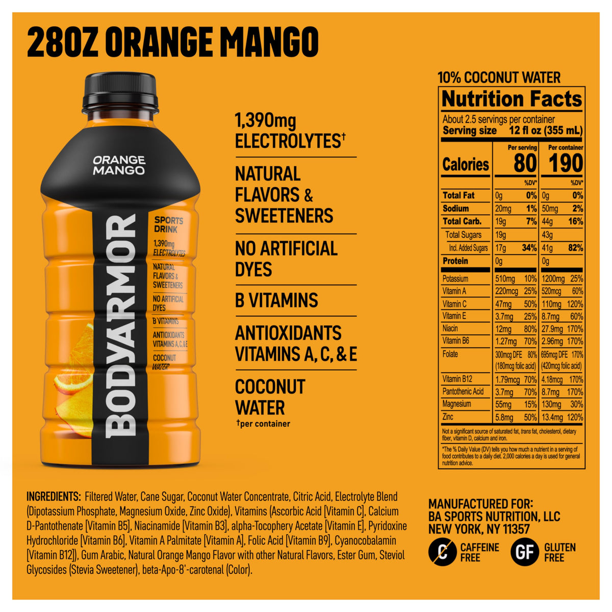 BODYARMOR Orange Mango bottle close-up with vibrant label and refreshing flavor.