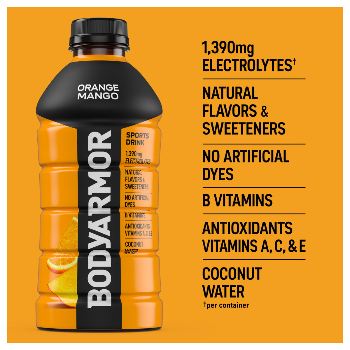 BODYARMOR Orange Mango coconut water essence visual focusing on natural ingredients.