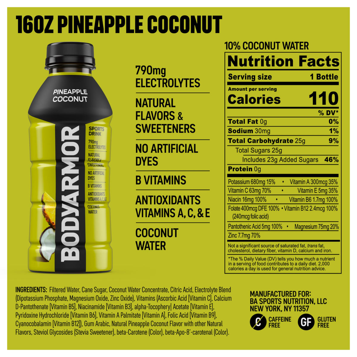 BODYARMOR Pineapple Coconut bottle near fruits suggests fresh taste.