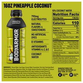 BODYARMOR Pineapple Coconut bottle near fruits suggests fresh taste.