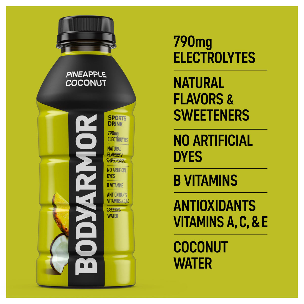 BODYARMOR Pineapple Coconut bottle tilted for easy grip during workouts.