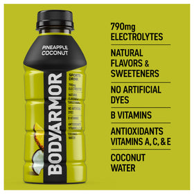 BODYARMOR Pineapple Coconut bottle tilted for easy grip during workouts.
