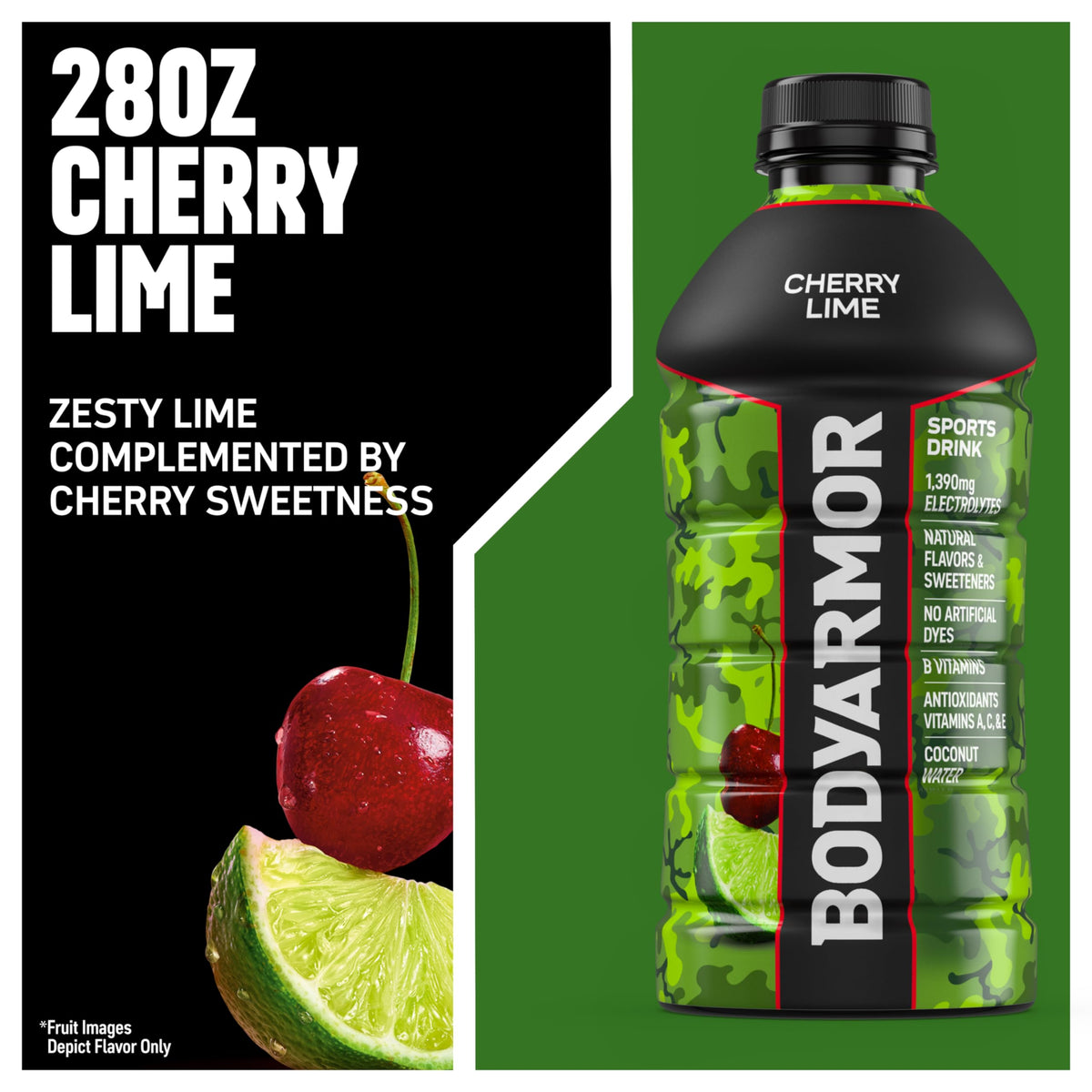 BODYARMOR Cherry Lime bottle pouring, ideal for pre- or post-workout hydration