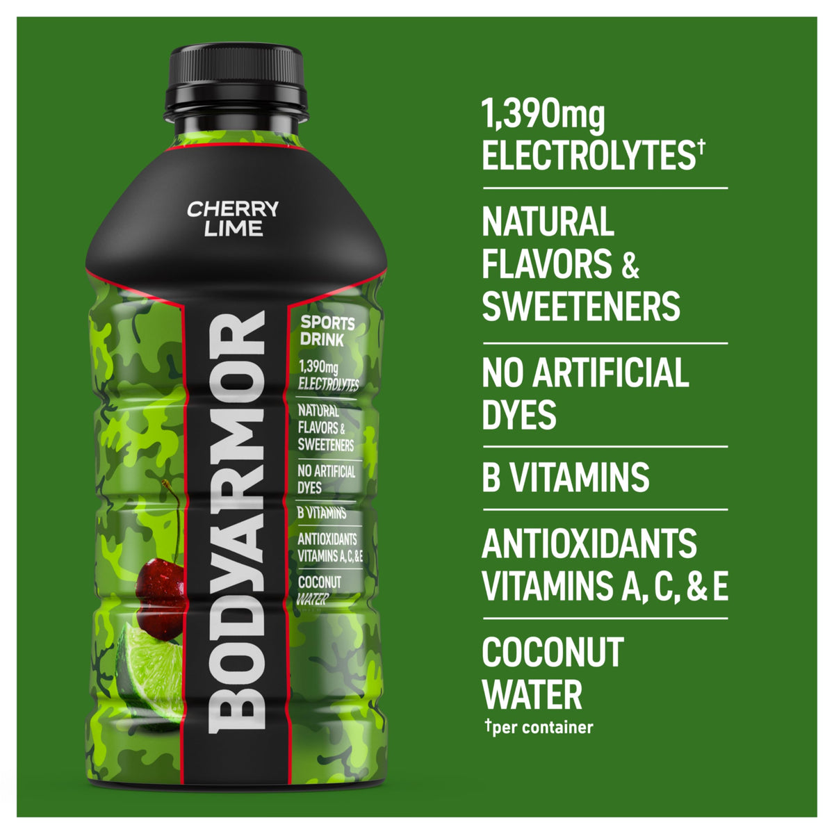BODYARMOR Cherry Lime label close-up, shows no artificial additives